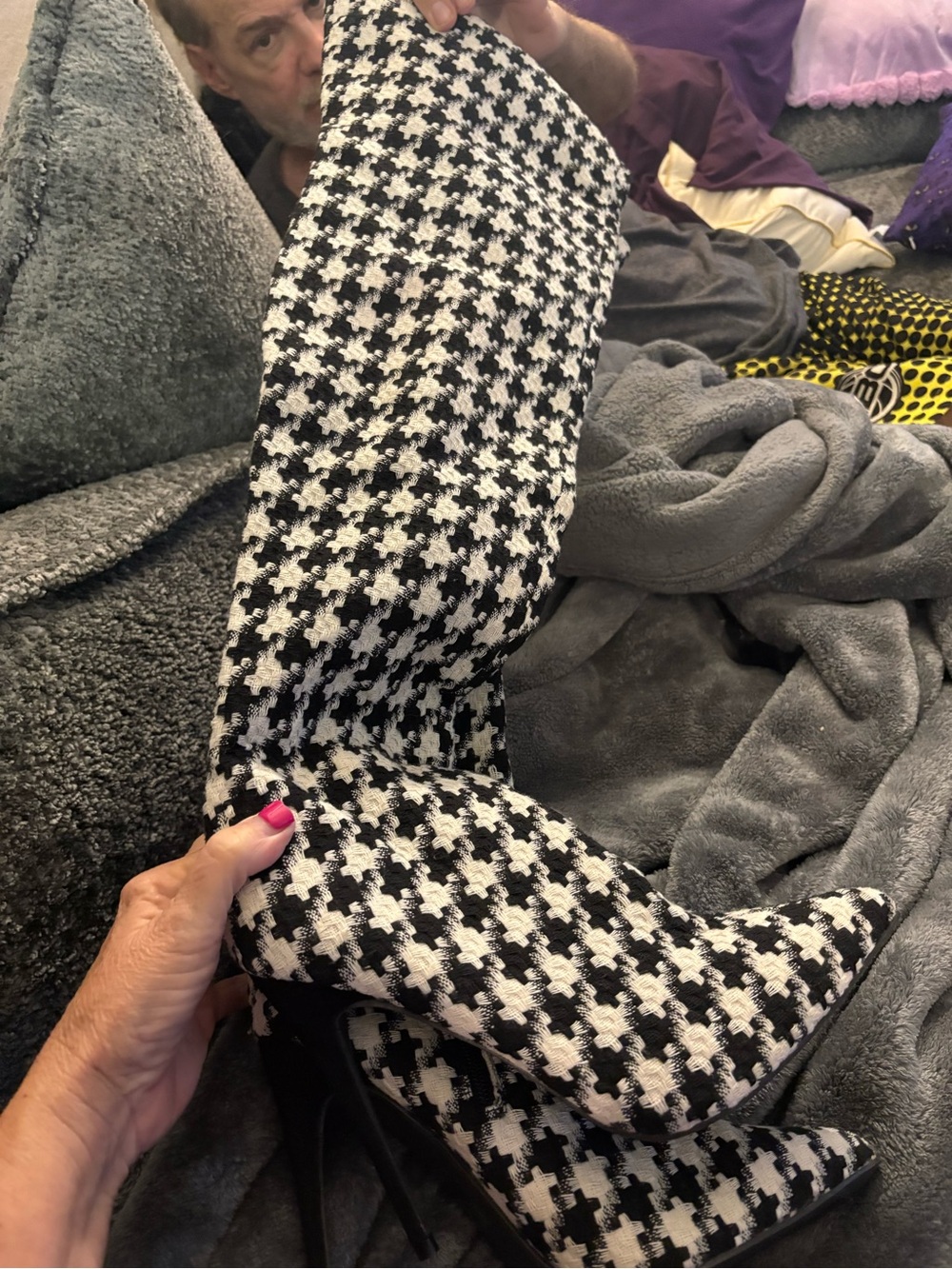 Fashion Nova Black & White Houndstooth Knee-High Stiletto Boots